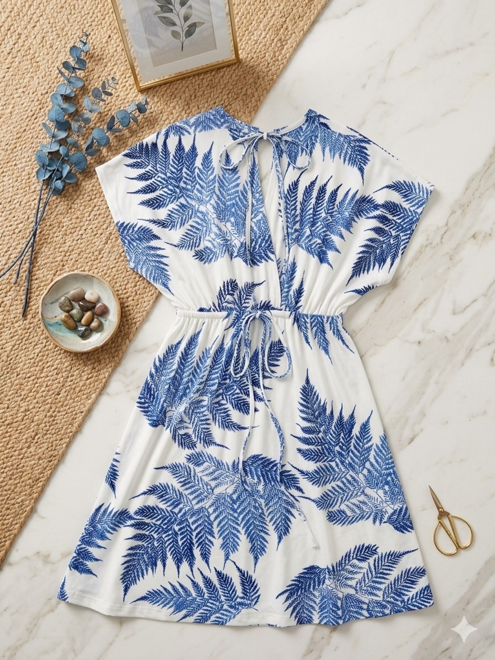 Blue Fern Print Tie-Back Midi Dress - Women